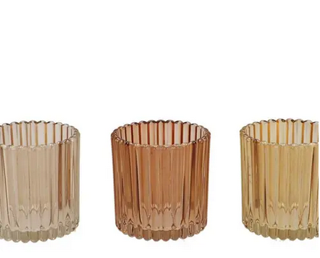 Teelichtgefäß aus Glas, geriffelt in Sandtönen, 3er- Set