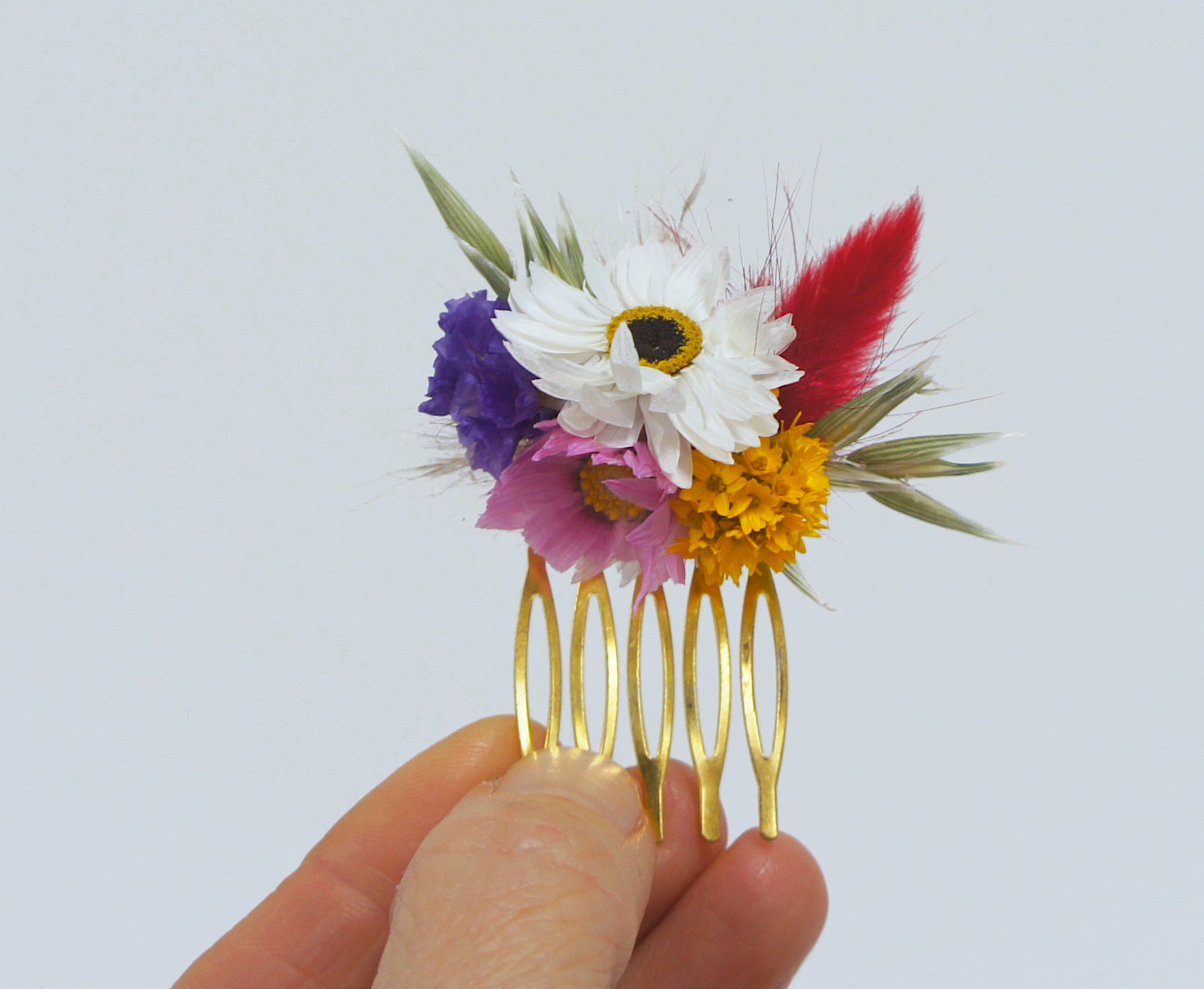 WIESENFEST, Trockenblumen, Dried flowers, Brautstrauß, Reversschmuck, Haarkamm, Haarkranz, bunt, Wiesenblumen