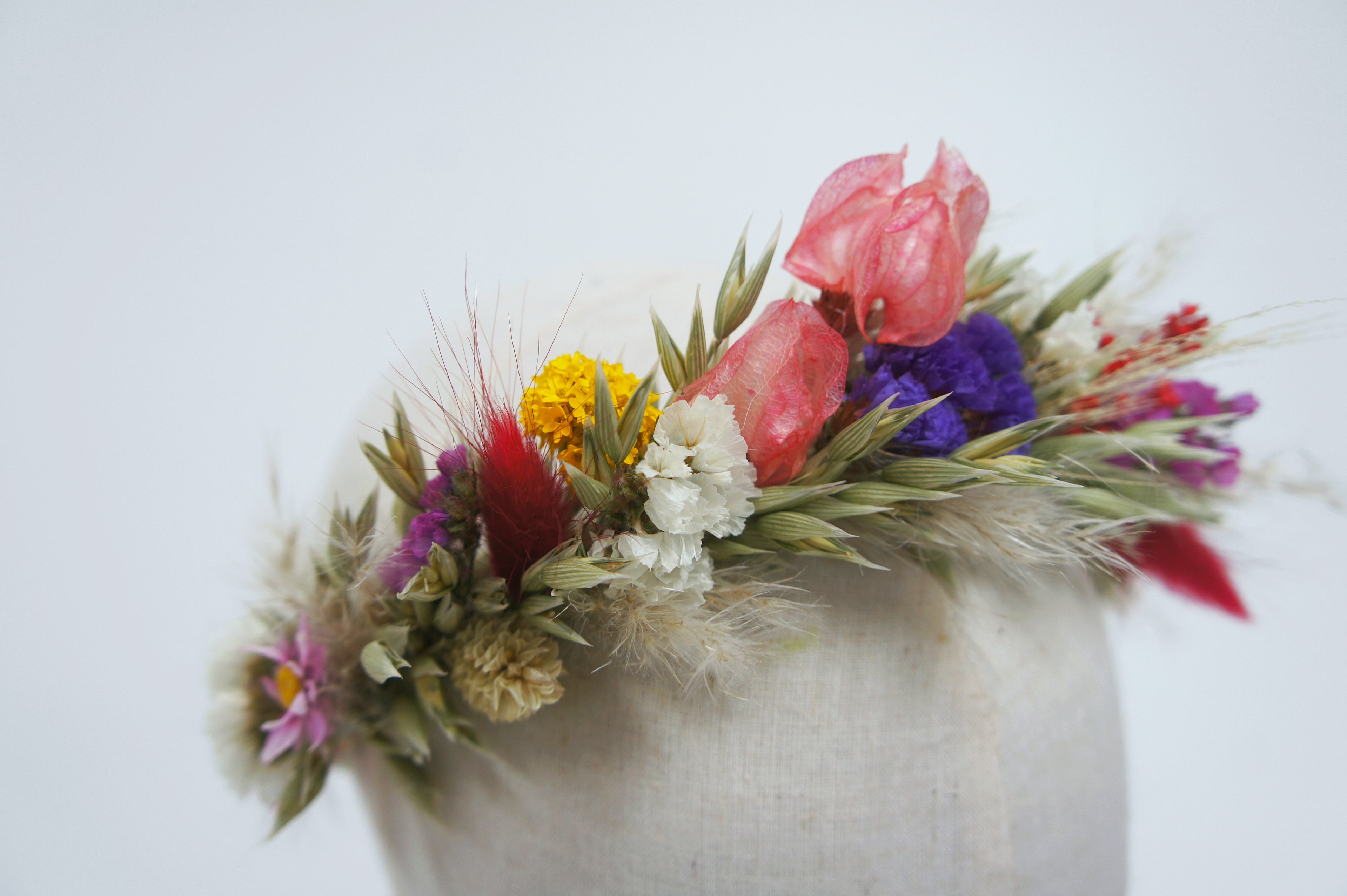 WIESENFEST, Trockenblumen, Dried flowers, Brautstrauß, Reversschmuck, Haarkamm, Haarkranz, bunt, Wiesenblumen