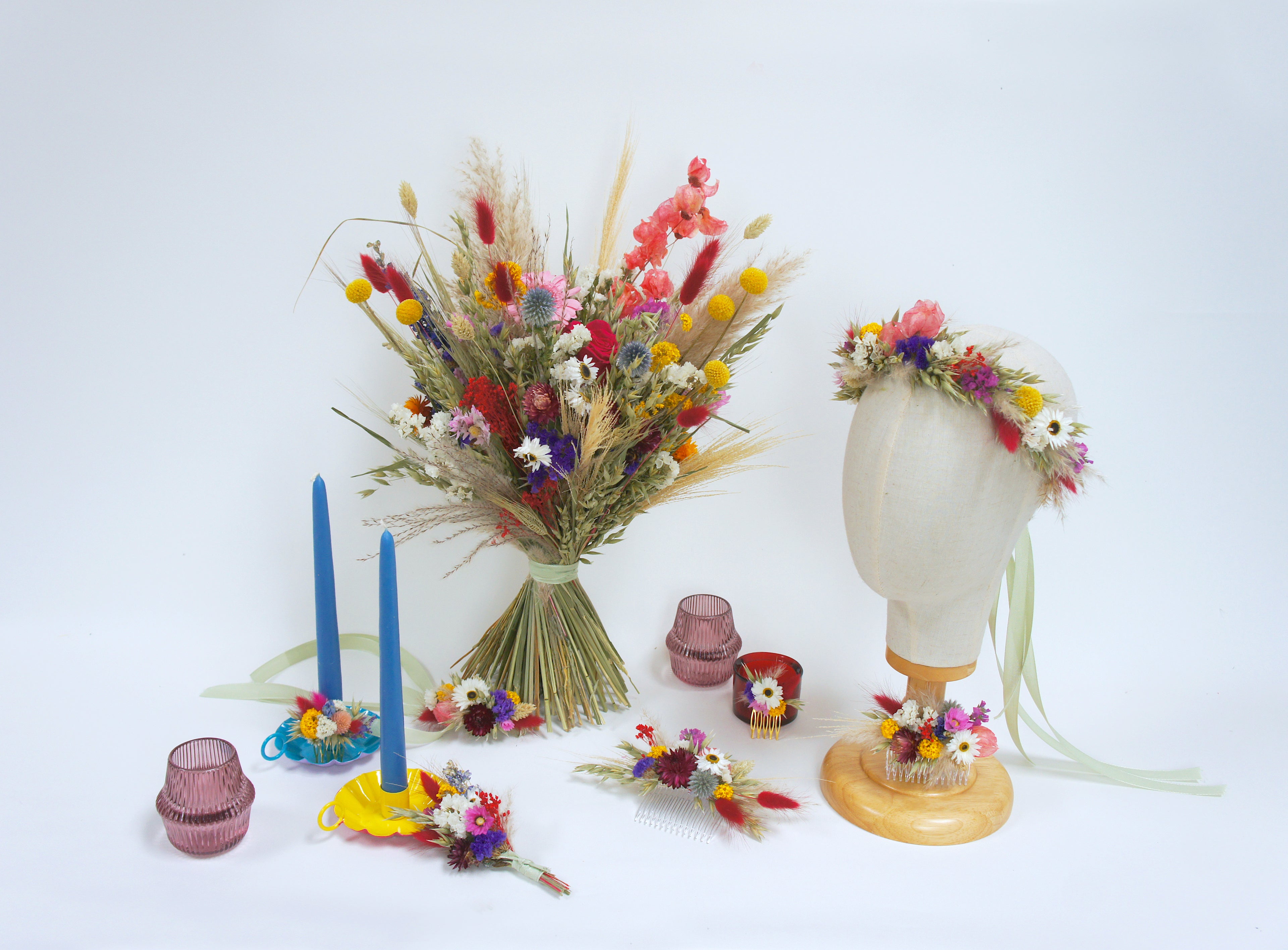 WIESENFEST, Trockenblumen, Dried flowers, Brautstrauß, Reversschmuck, Haarkamm, Haarkranz, bunt, Wiesenblumen