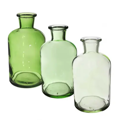 Glasvasen, Flaschenväschen, 3-er Set in Grüntönen