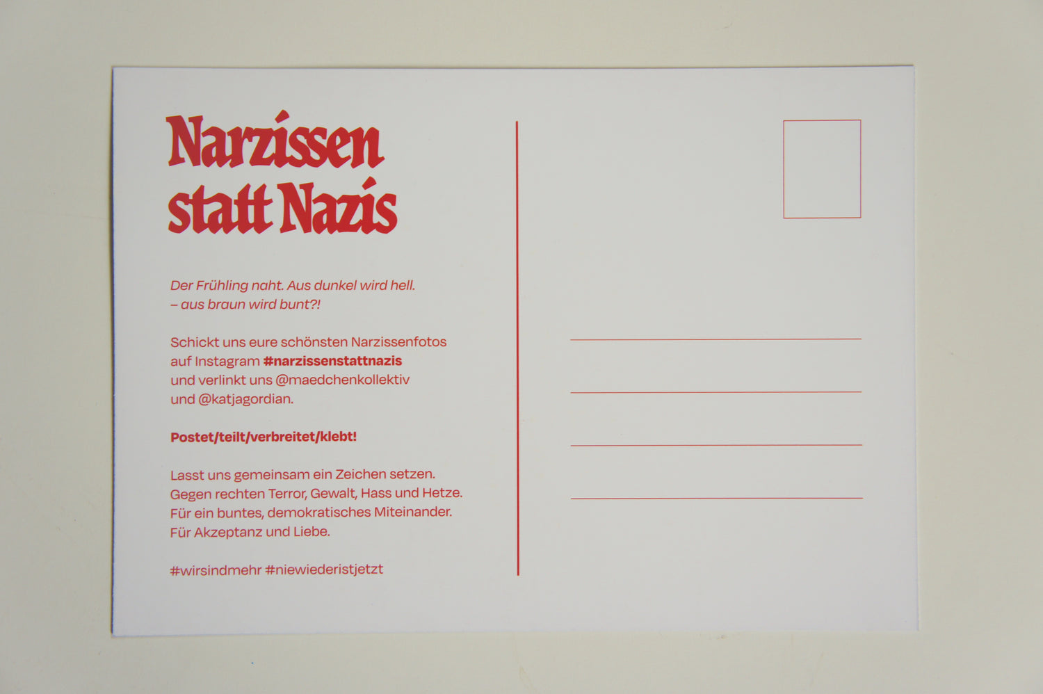 NARZISSEN STATT NAZIS- KAMPAGNE, Unterstützer*innen-Beitrag sowie Poster