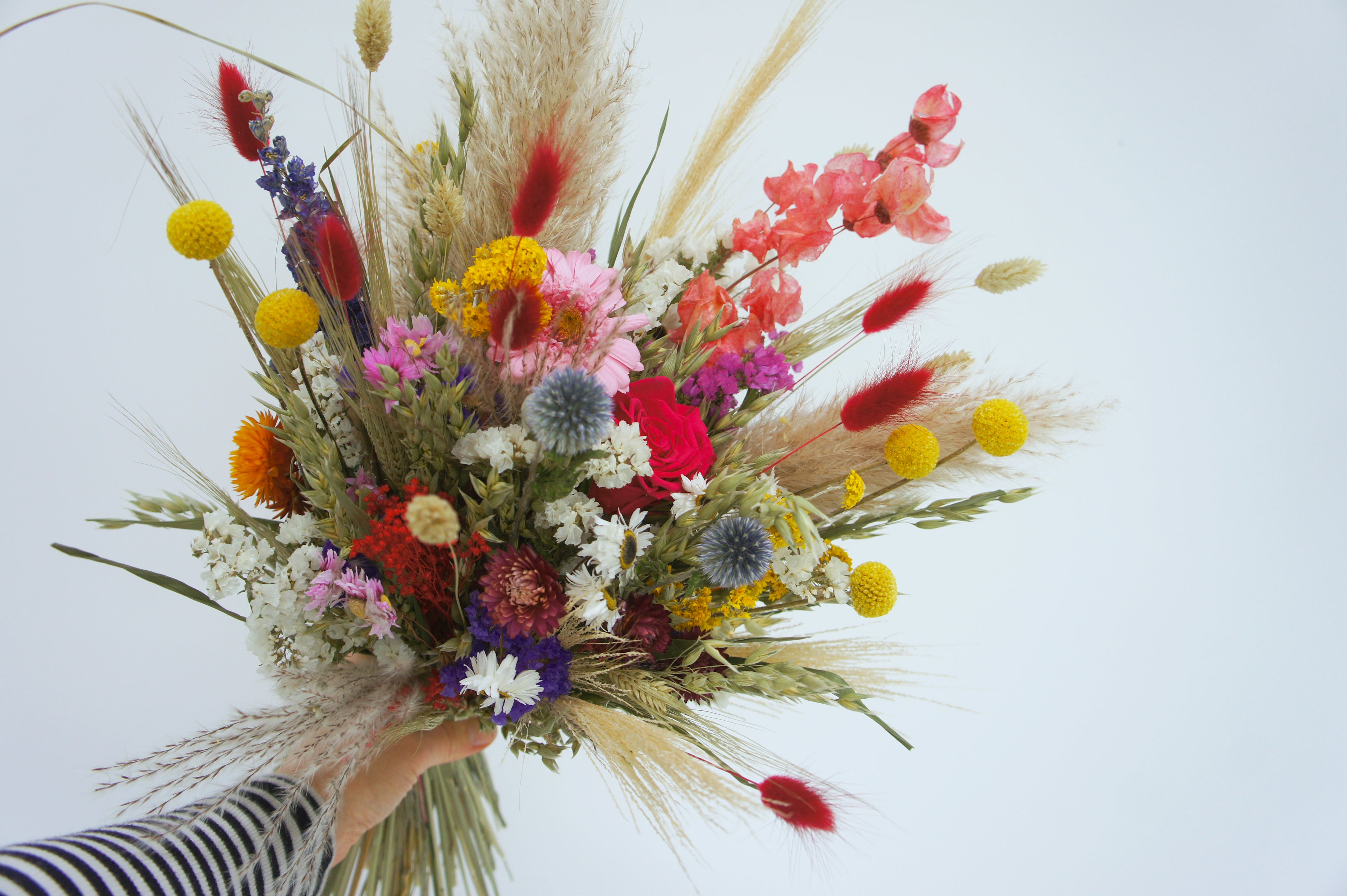 WIESENFEST, Trockenblumen, Dried flowers, Brautstrauß, Reversschmuck, Haarkamm, Haarkranz, bunt, Wiesenblumen
