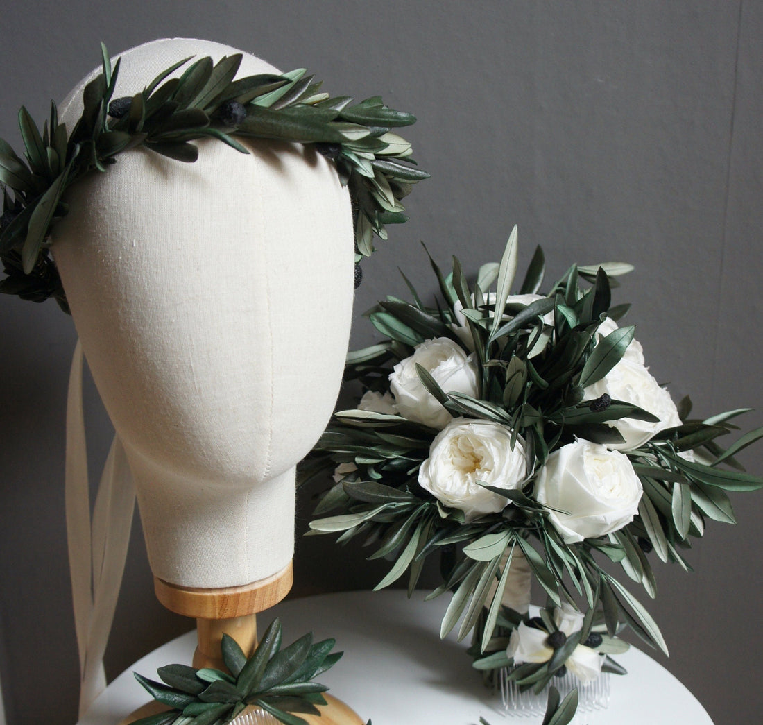 Serie GRACEFUL ROSE, Preserving roses, Preserving Olive, Bride bouquet, Flower crown, Flower pin, Haarkamm, Haarreif